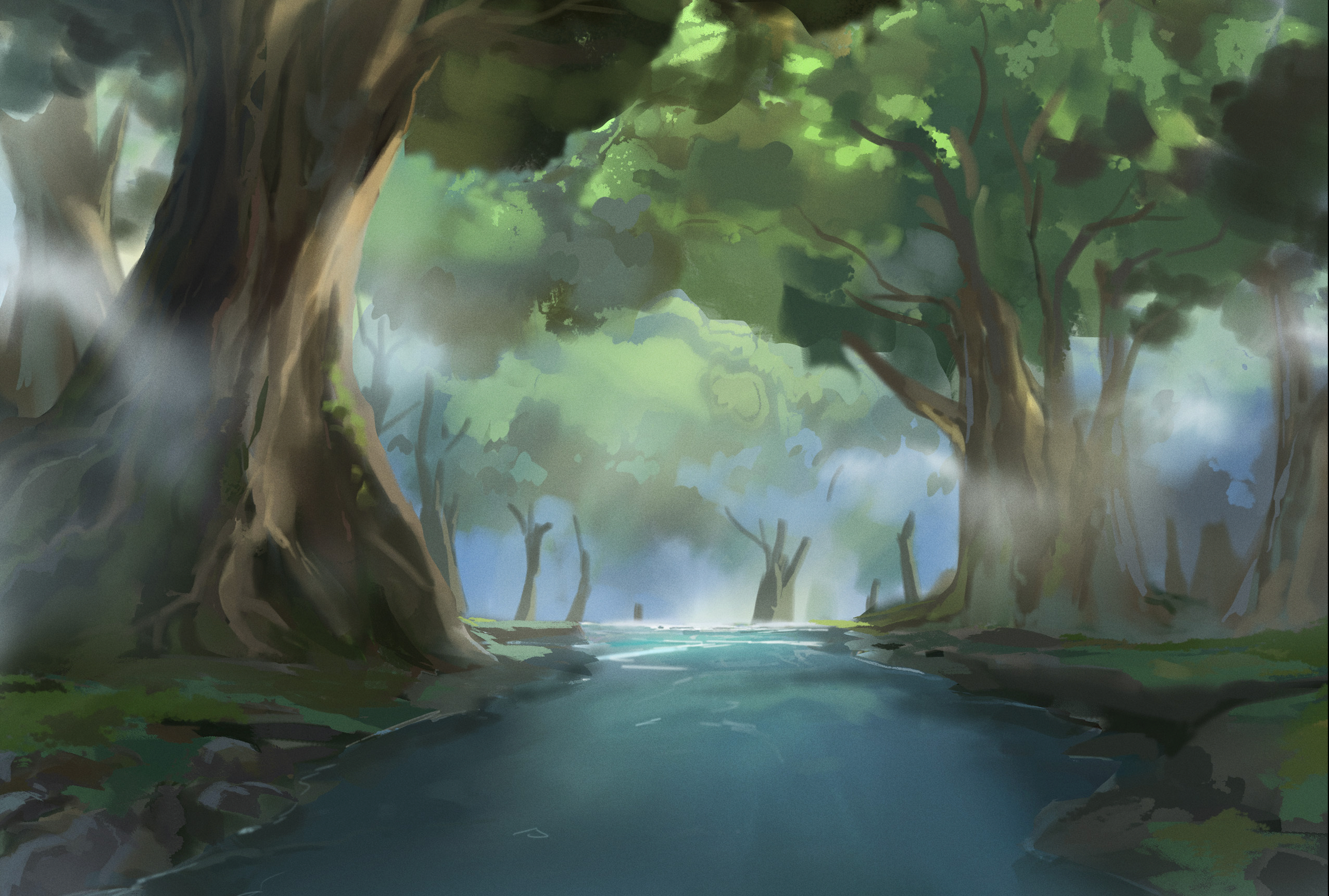 Fantasy adventurers waking up by a misty forest stream